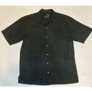 Tommy Bahama 100% Silk Hawaiian Shirt Mens Medium Black Embroidered Leaves